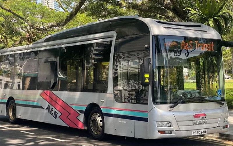 Modern city bus with colorful stripe design.